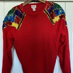 80's Knit Concepts Women's Sweater with Sequin Shoulders/Velcro Shoulder Pads, M